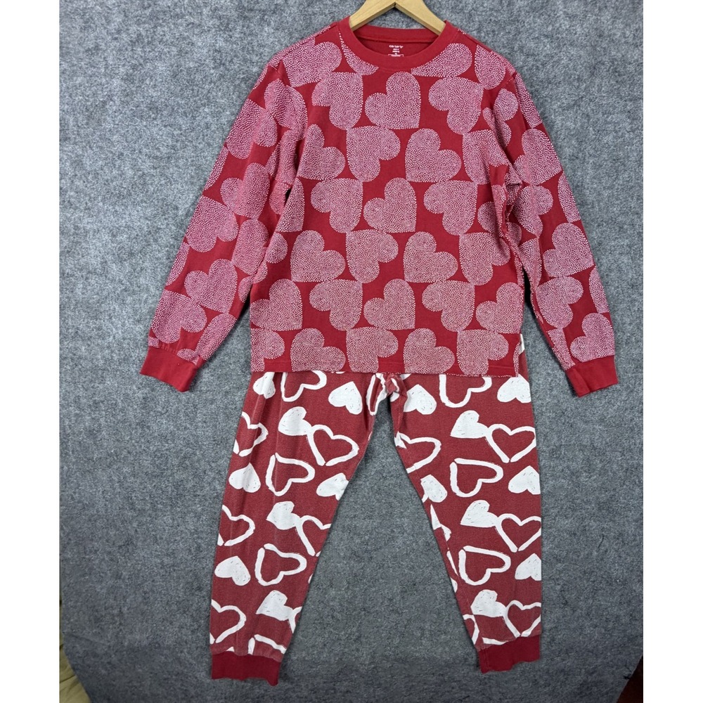 Valentines Day Pajama Set Unisex Adult XL Red Heart Print Crew Neck Sleepwear